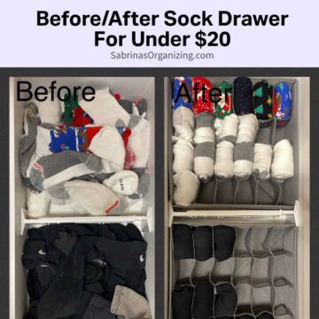 a before and after photo of sock drawer - title Before and After Sock Drawer Organization for Less than $20.00 at the top - square image
