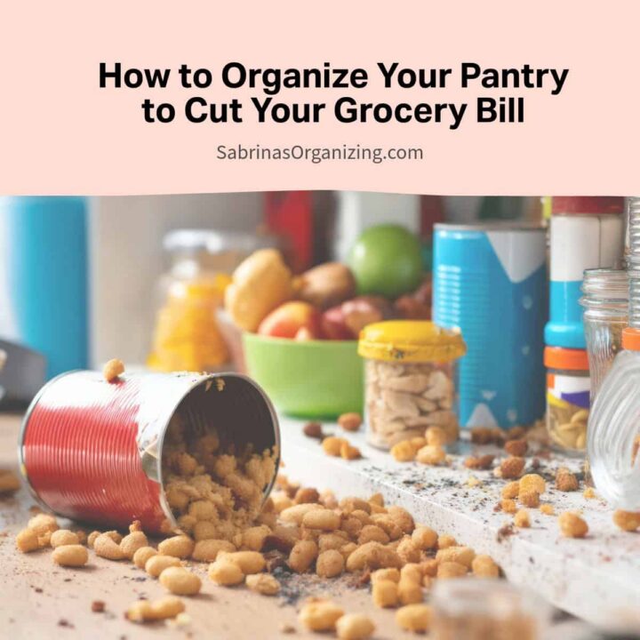 Title of the post at the top center and a canned of spilled dried beans at the bottom - square image