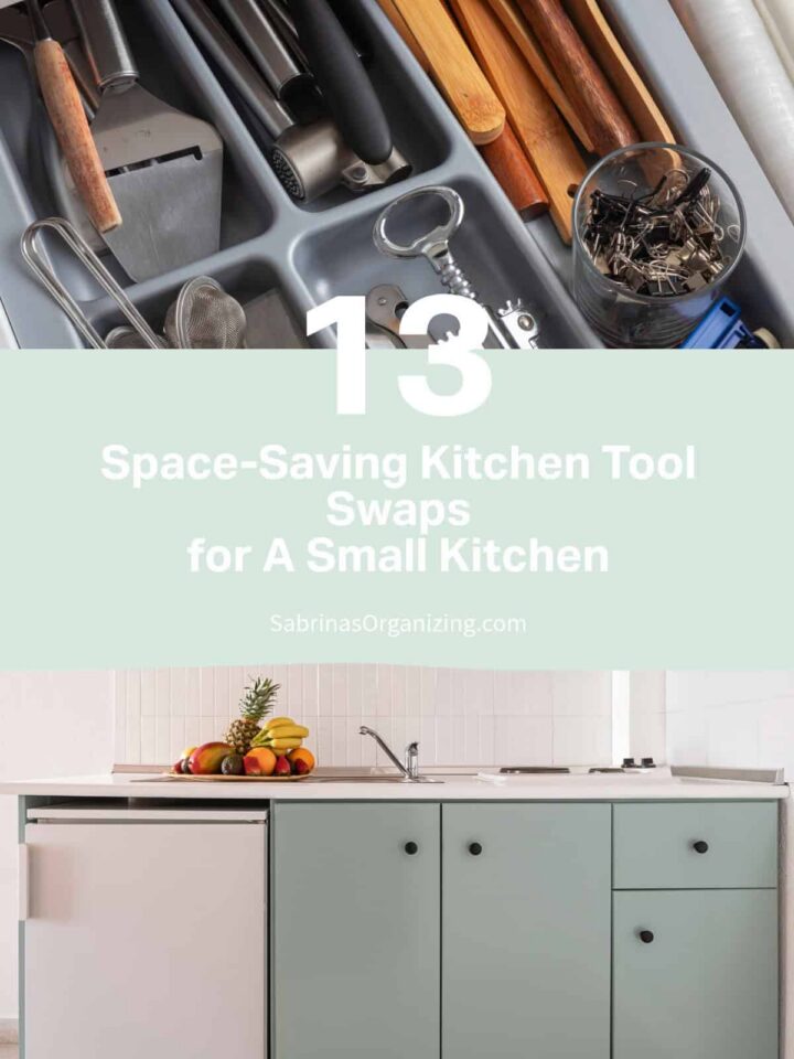 drawer organizer on top with stuff in and a small kitchen on bottom and the title in the center - pinterest image