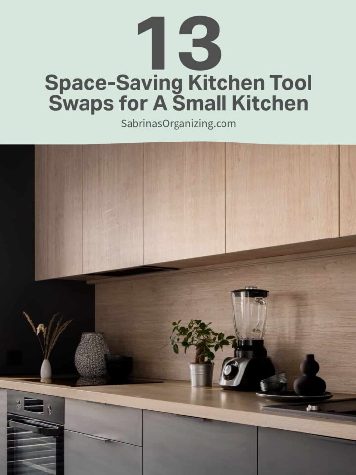 A small kitchen with the title of the post at the top center - pinterest image