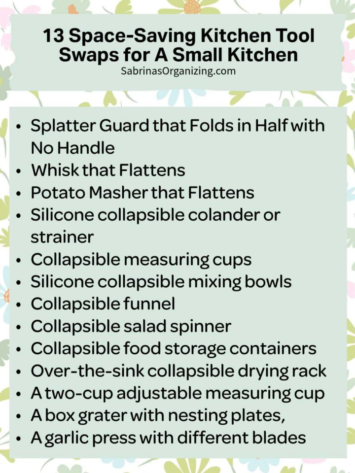 list of all the products to buy to reduce the bulk in a small kitchen drawars and cabinets.