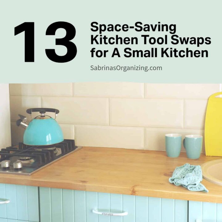 a small teal kitchen countertop - title of post is at the top center - square image