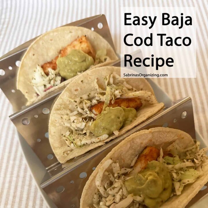 square image - Baja cod tacos in a taco holder - title that the top right -square image