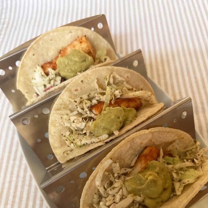square image - Baja cod tacos in a taco holder - square image