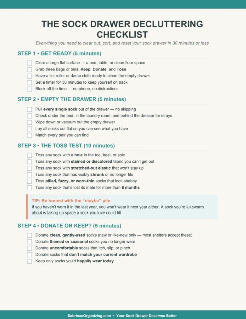 a list of steps to declutter the sock drawer
