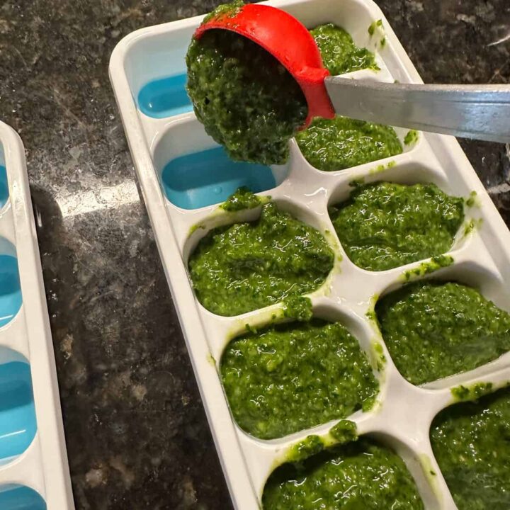 parsley pesto scooped into ice tray