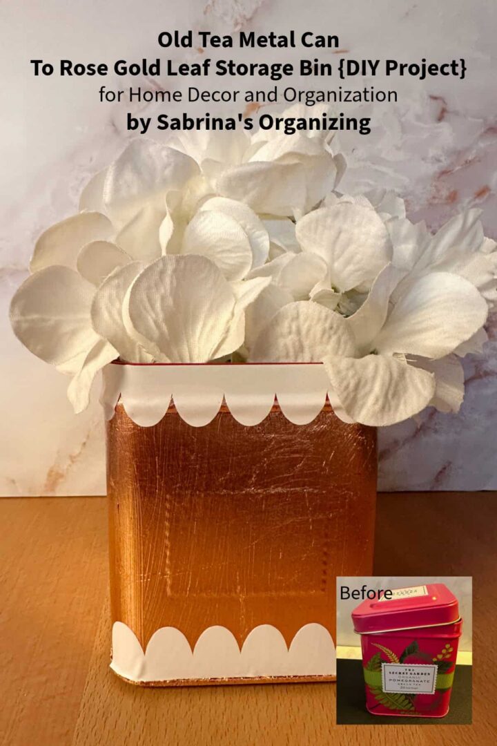 Old Tea Metal Tin turned Rose Gold Leaf Storage Container DIY Project