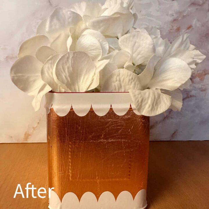 After tin box with faux flowers with After label