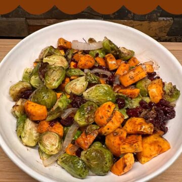Roasted Brussels Sprouts, Sweet Potatoes, and Cranberries recipe