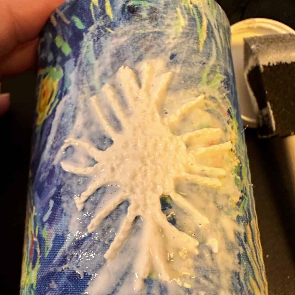 add glue crochet star on fabric - Fabric-Covered Soup Can Craft