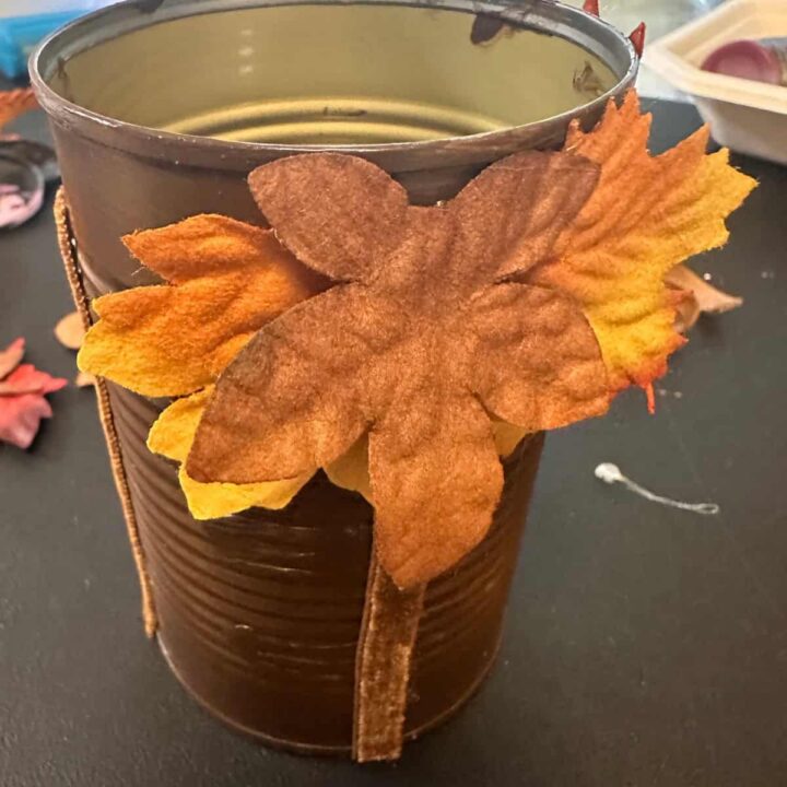 Fall Tin Can to Organize Home DIY Project and paper leaves